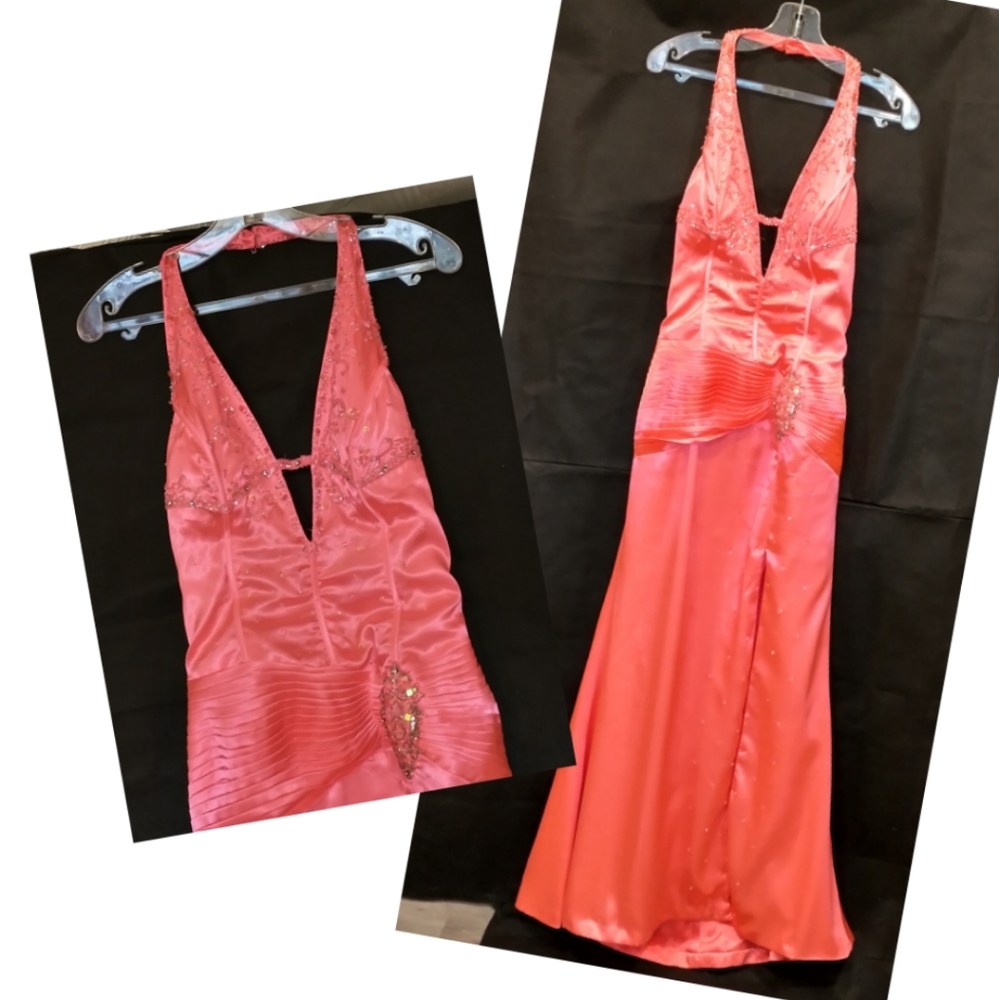 Gorgeous Coral/Pink Beaded Satin Gown Size 6
